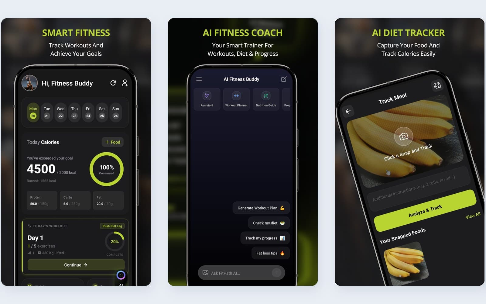 FitPathAI app screens: daily calorie dashboard, AI fitness coach chat, and photo meal tracker