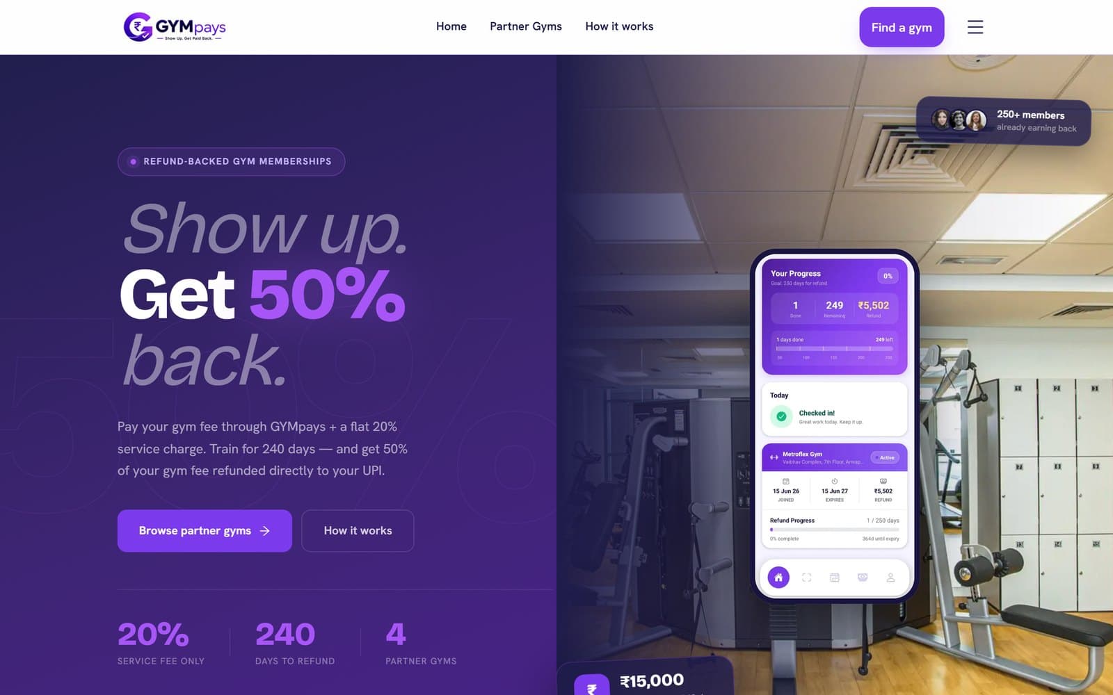 GymPays website hero with its app showing refund progress, today's check-in, and gym membership details