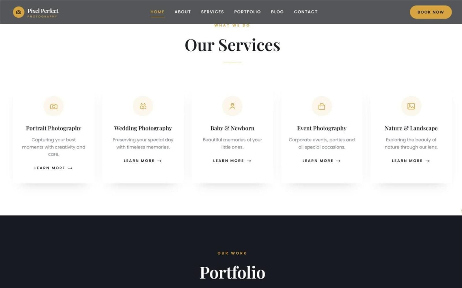 Pixel Perfect Photography website showing its services row: portrait, wedding, newborn, event, and landscape photography