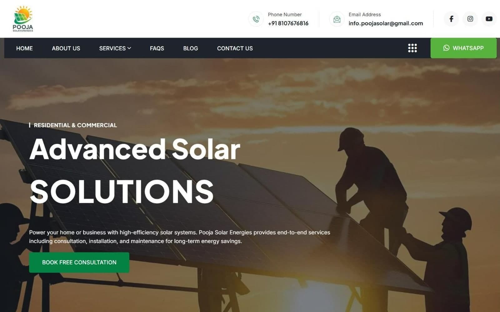 Pooja Solar Energies website hero: technicians installing solar panels at sunset, with contact details, service navigation, and a book-a-consultation call to action