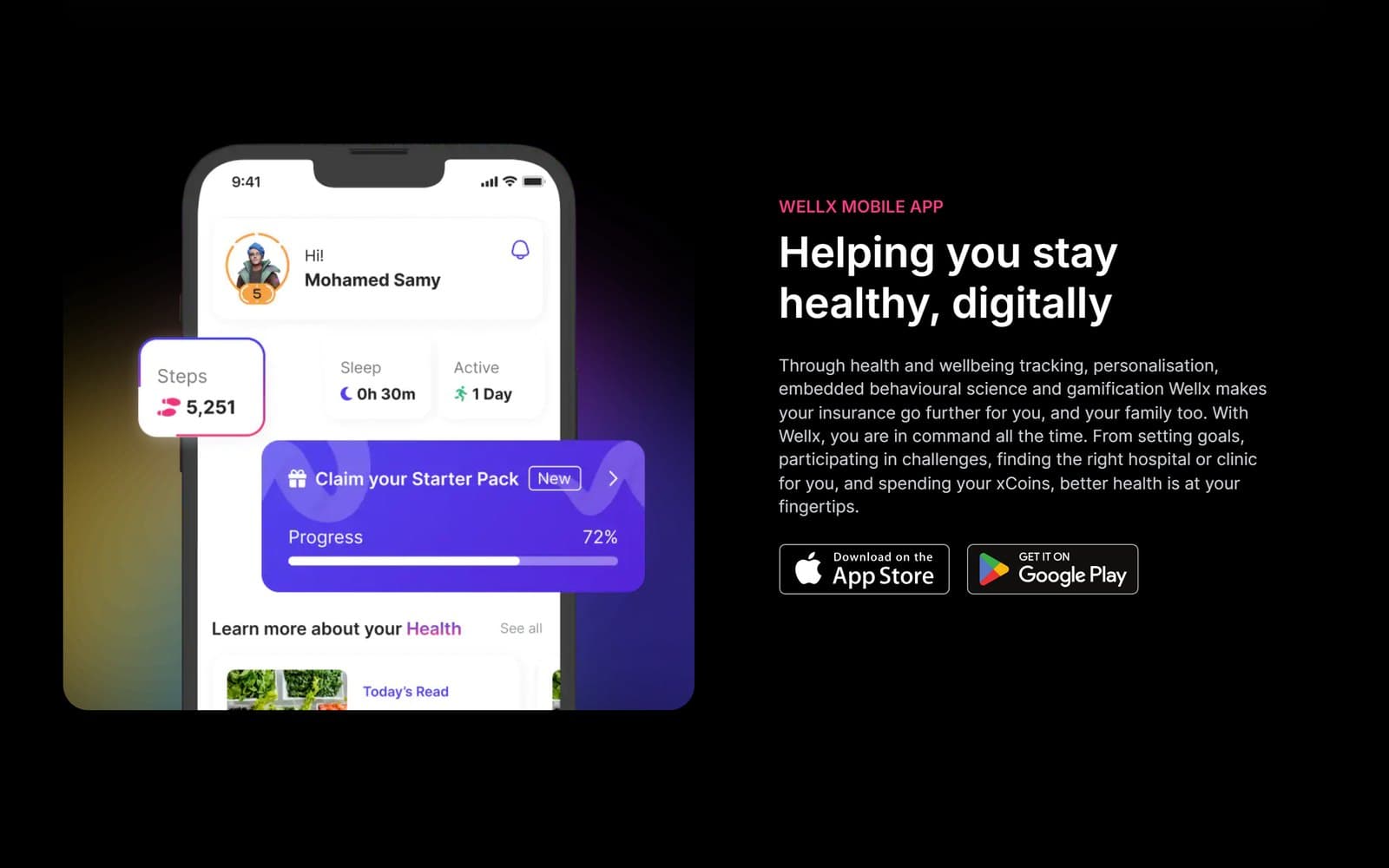 Wellx website showing its mobile app with step tracking, sleep, and a starter-pack progress card
